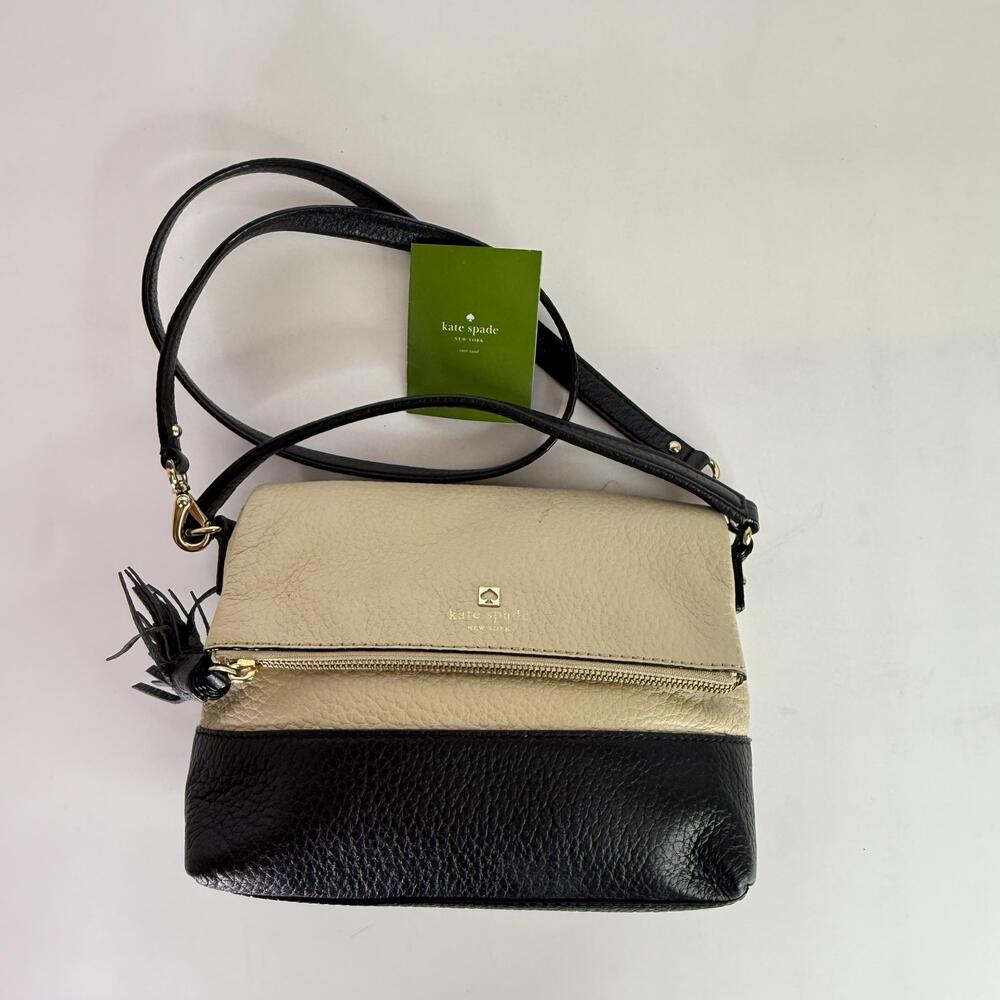 Kate Spade Crossbody Bag Womens Small Black Beige Pebbled Leather Tassel Purse